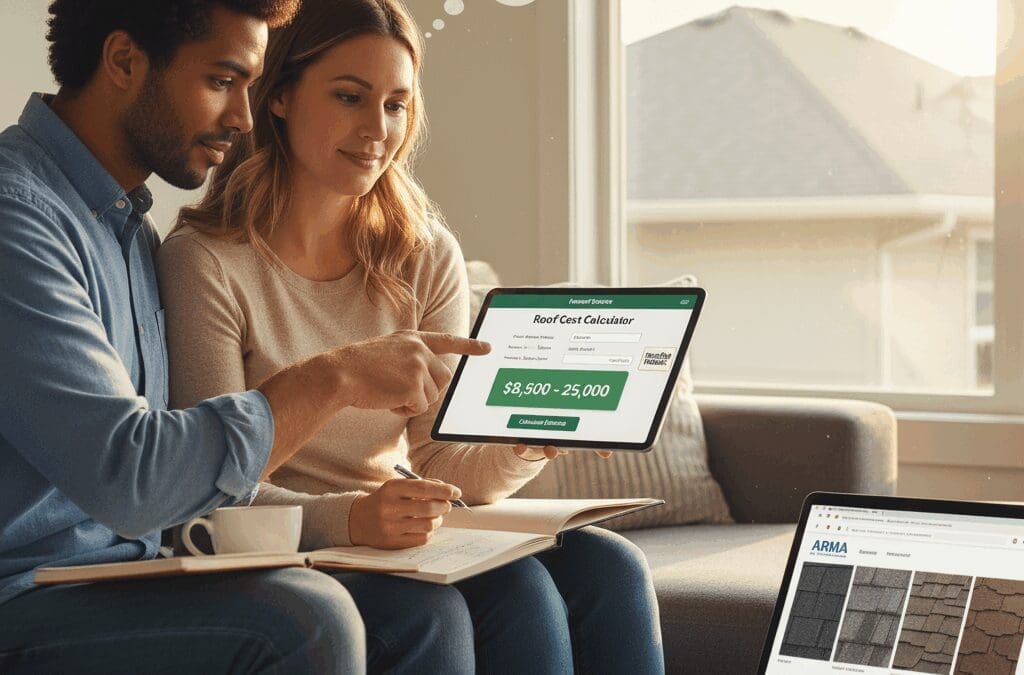 couple on a living room couch using a tablet to view a "Roof Cost Calculator" estimate. A thought bubble shows a house roof, and a laptop displays material options, illustrating the process of budgeting for a new roof.