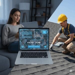 Split image showing a homeowner on a couch getting an AI roof estimate on a laptop, contrasted with a contractor performing a physical inspection on a shingled roof.