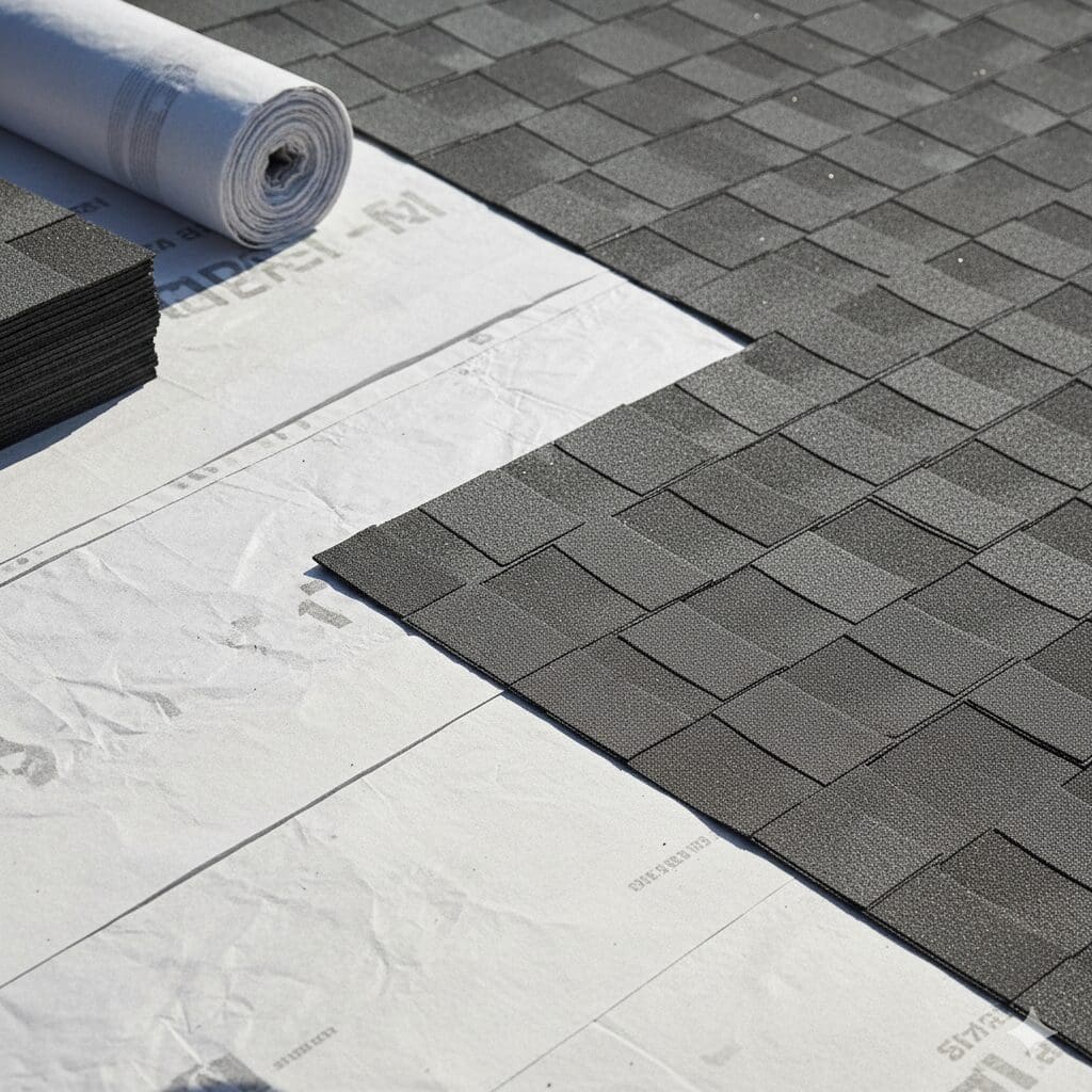 Close-up of newly installed asphalt composite shingles laid over a white synthetic underlayment, ready for a complete roof replacement project.
