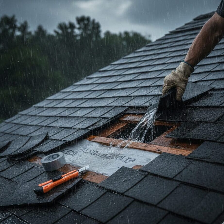 A roofer repairing a roof, replacing dark gray asphalt shingles over white synthetic underlayment.